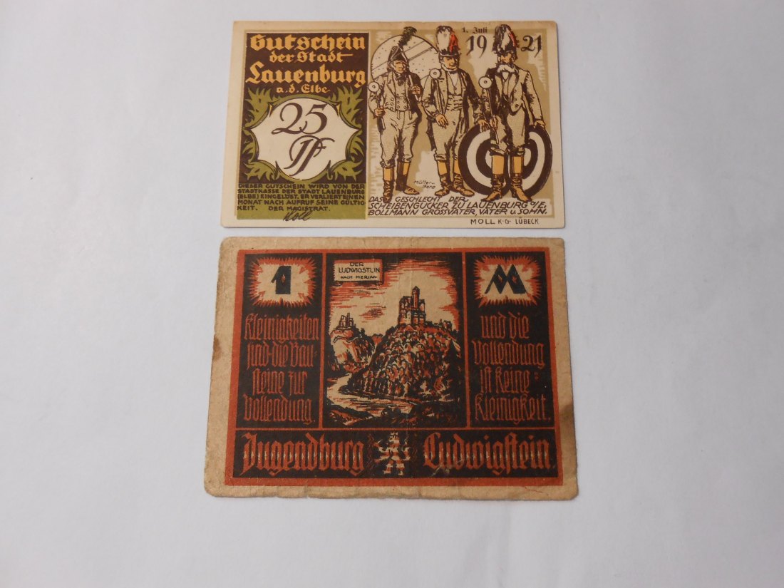  Notgeld(30) 25 Pfennig Lauenburg an der Elbe  1921 und 1 Mark Jugendburg Ludwigstein 1922   