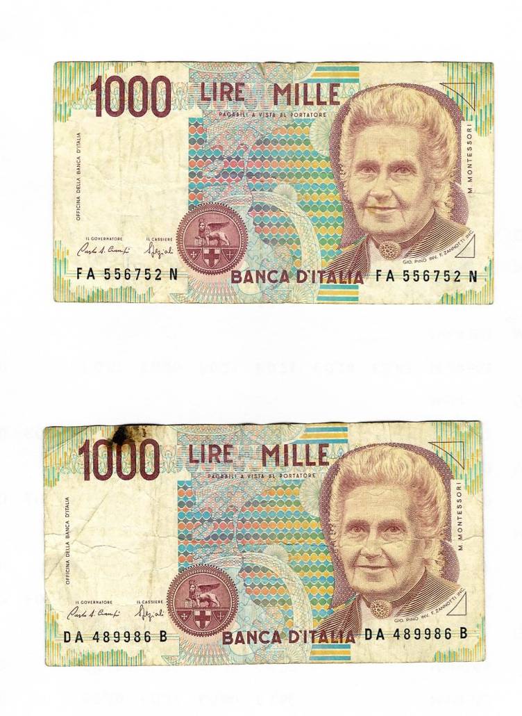 Banknote (55) Italien 2 Stück 1.000 -Lire-Banknoten Montessori gedruckt 1990