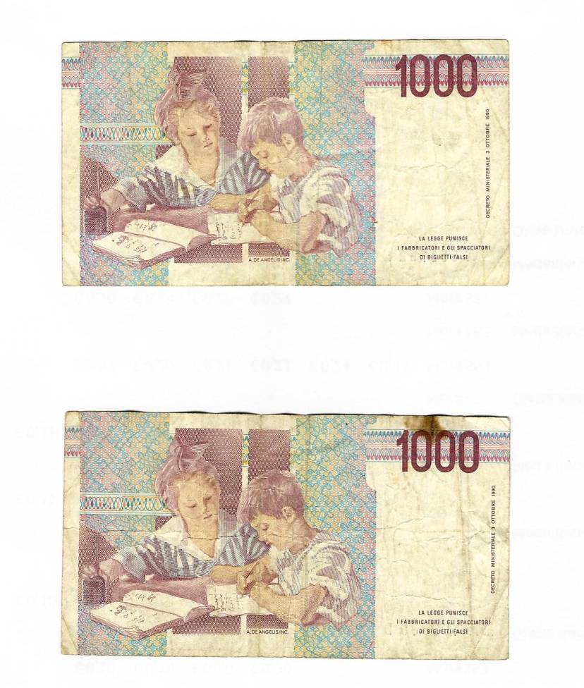  Banknote (55) Italien 2 Stück 1.000 -Lire-Banknoten Montessori gedruckt 1990   