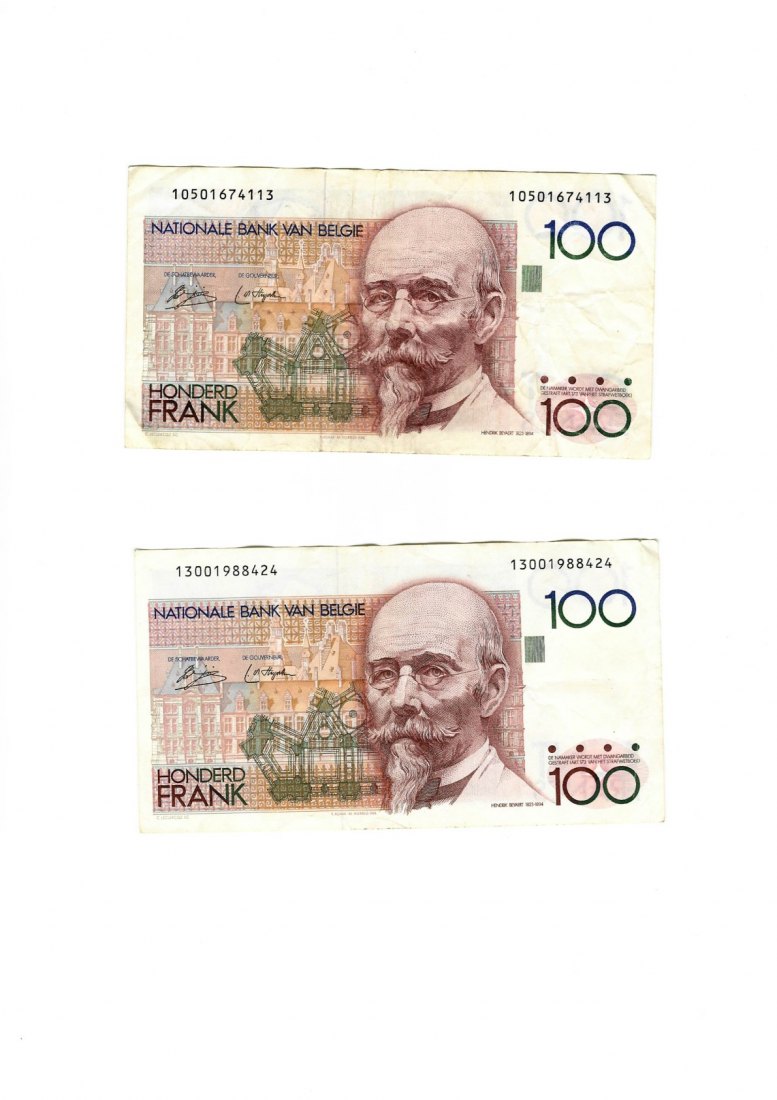 Banknote (60) Belgien 2 Stück 100-Franken-Banknoten 1982 +1984