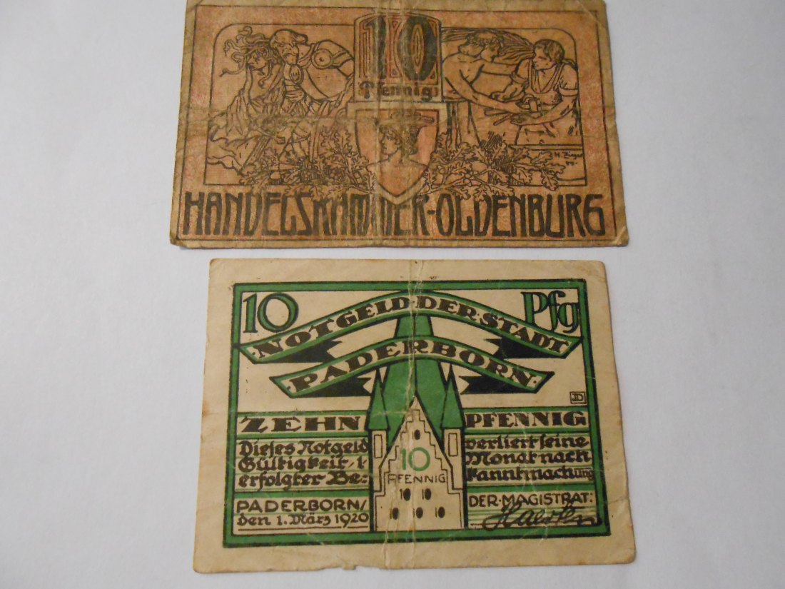 Notgeld(33) 10 Pfennig Handelskammer Oldenburg 1921 und  10 Pfennig Stadt Paderborn 1920   