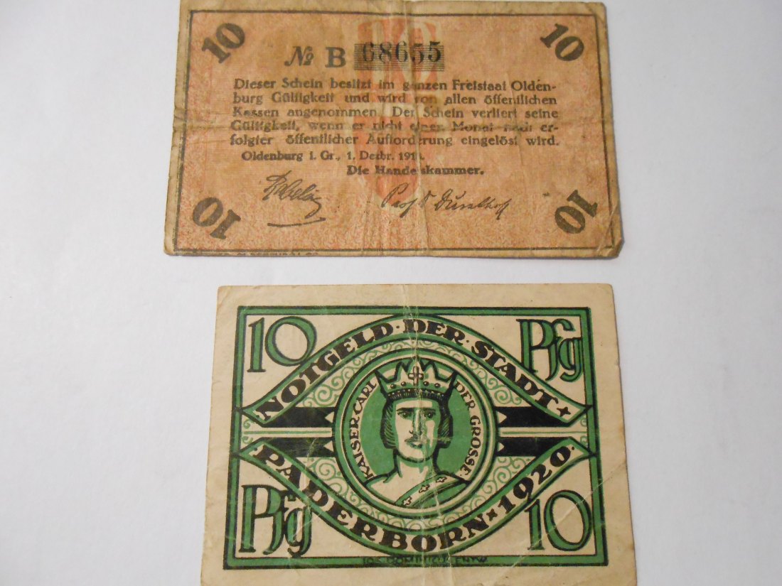  Notgeld(33) 10 Pfennig Handelskammer Oldenburg 1921 und  10 Pfennig Stadt Paderborn 1920   