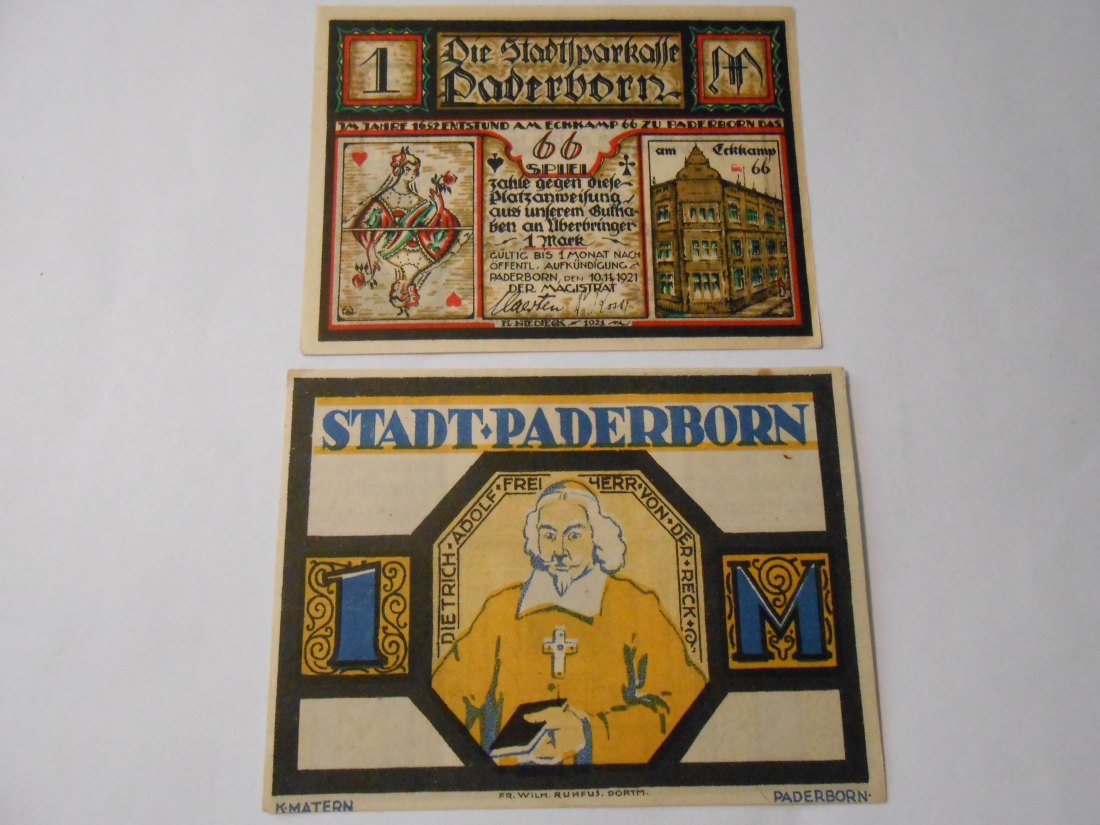  Notgeld(34) 1 Mark Stadtsparkasse Paderborn 1921  und  1 Mark Stadt Paderborn  1921   