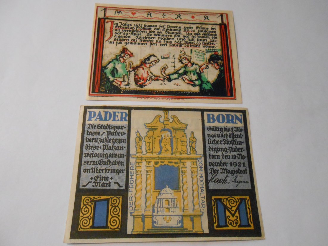  Notgeld(34) 1 Mark Stadtsparkasse Paderborn 1921  und  1 Mark Stadt Paderborn  1921   