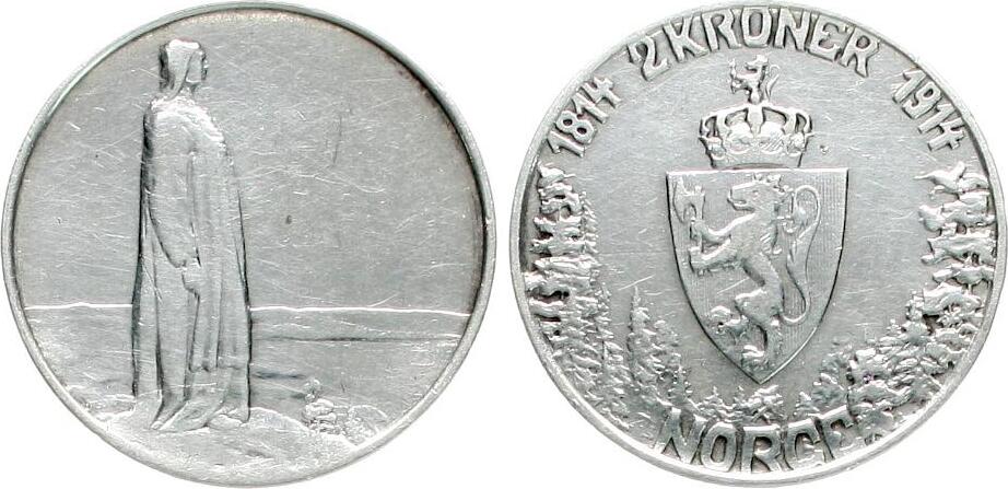  Norwegen: Håkon VII., 2 Kroner 1914, Gedenkmünze aus Silber, siehe unten!   
