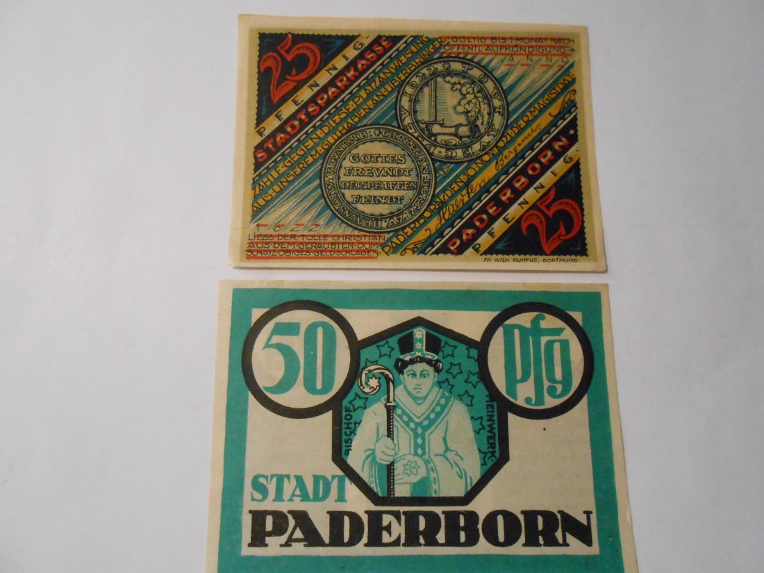  Notgeld(35) 25 Pfennig Stadtsparkasse Paderborn 1921 und  50 Pfennig Stadt Paderborn 1921   