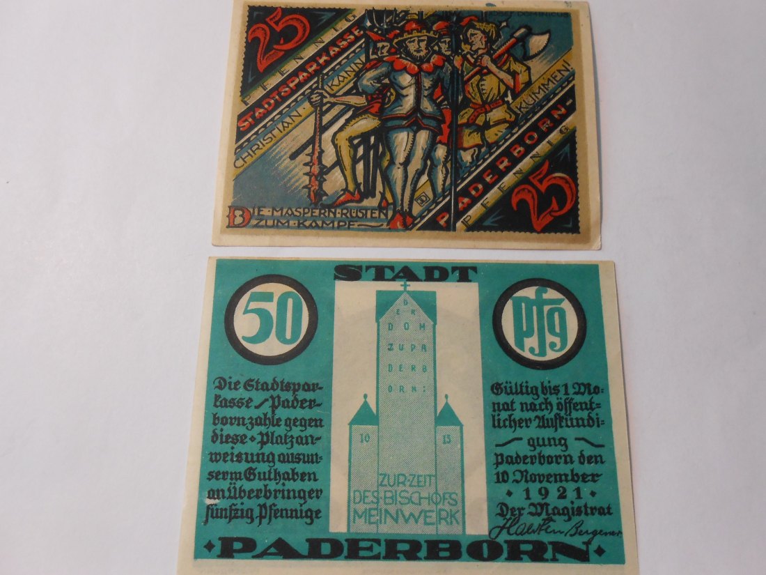  Notgeld(35) 25 Pfennig Stadtsparkasse Paderborn 1921 und  50 Pfennig Stadt Paderborn 1921   