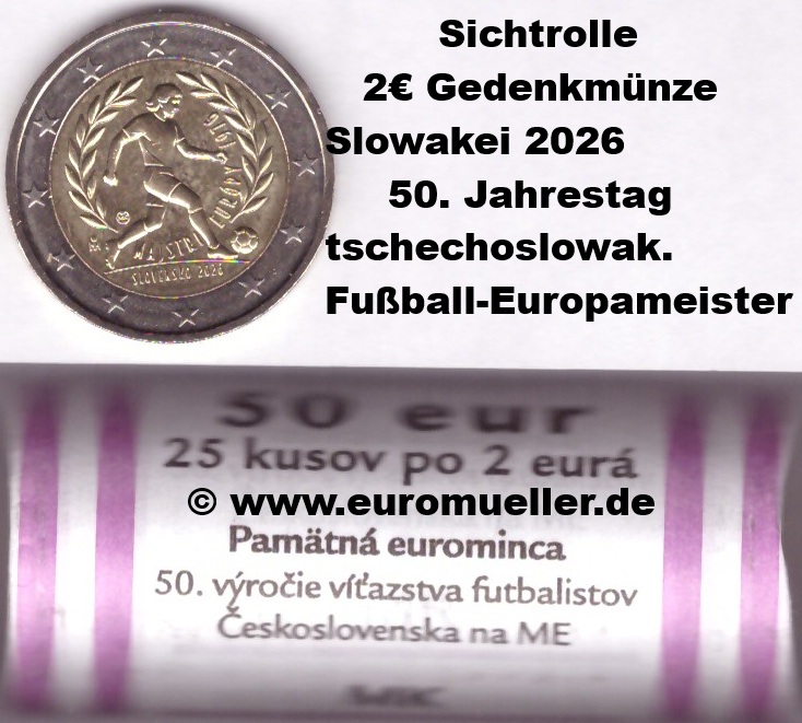 Slowakei Rolle 2 Euro Gedenkmünze 2026...Fußball Europameister   