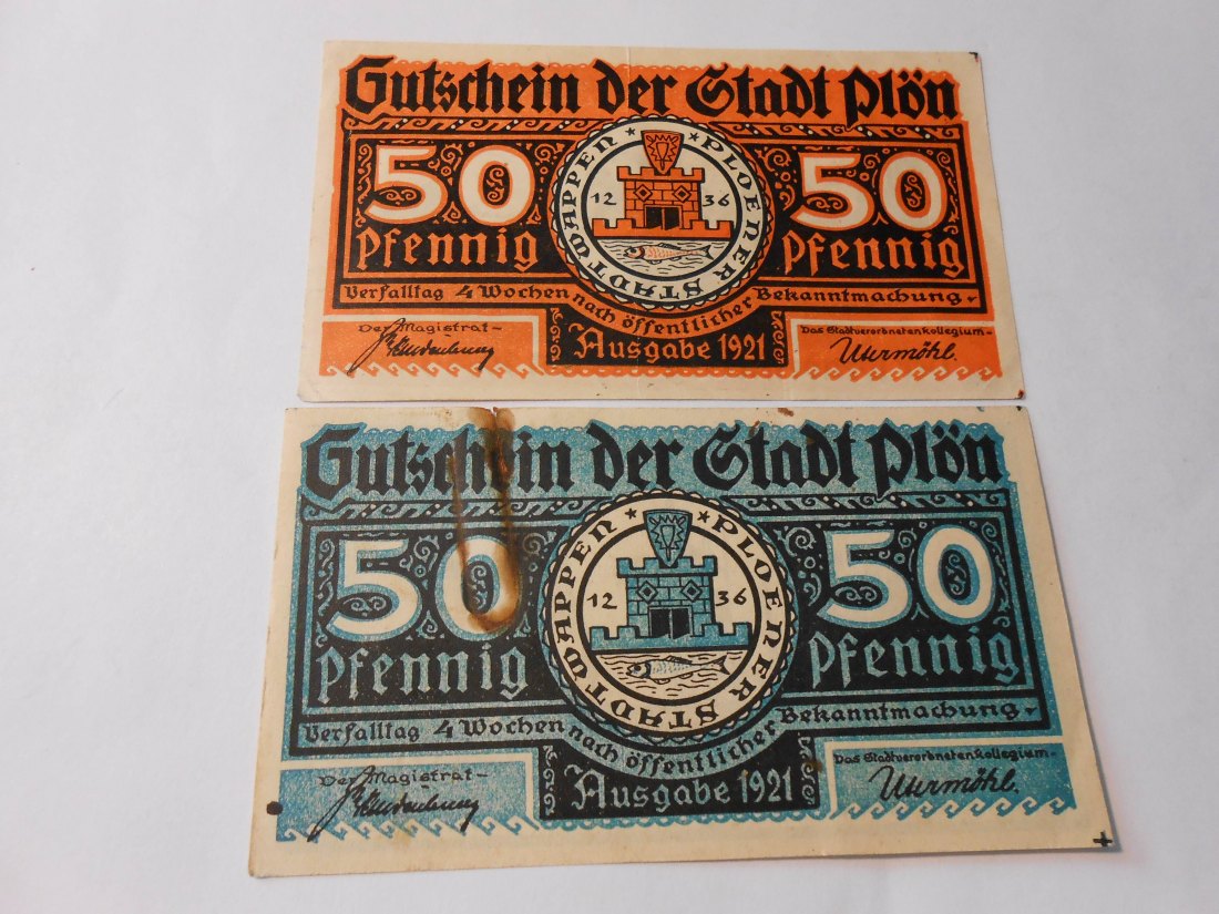  Notgeld(36) 50 Pfennig Stadt Plön 1921 orange und  50 Pfennig Stadt Plön 1921 blau   