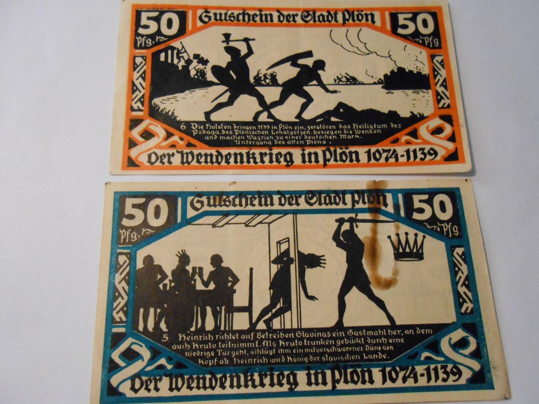  Notgeld(36) 50 Pfennig Stadt Plön 1921 orange und  50 Pfennig Stadt Plön 1921 blau   