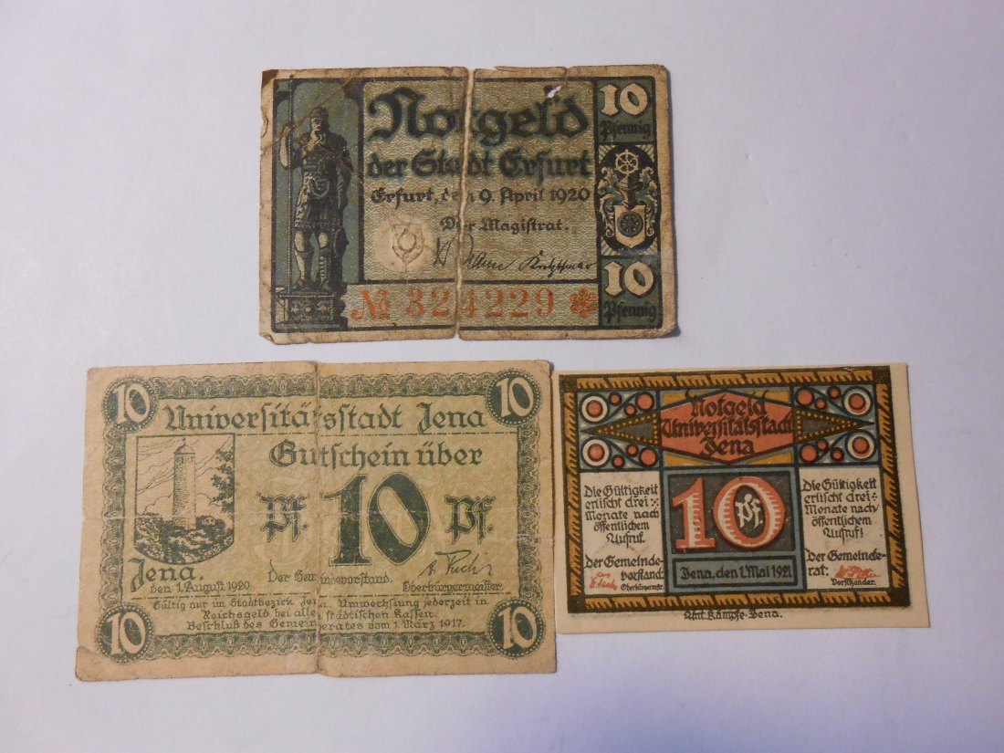  Notgeld(37) 10 Pf. Erfurt 1920 Nr.324229 und  10 Pf. Jena 1920 Nr.150588 und  10 Pf. Jena 1920   