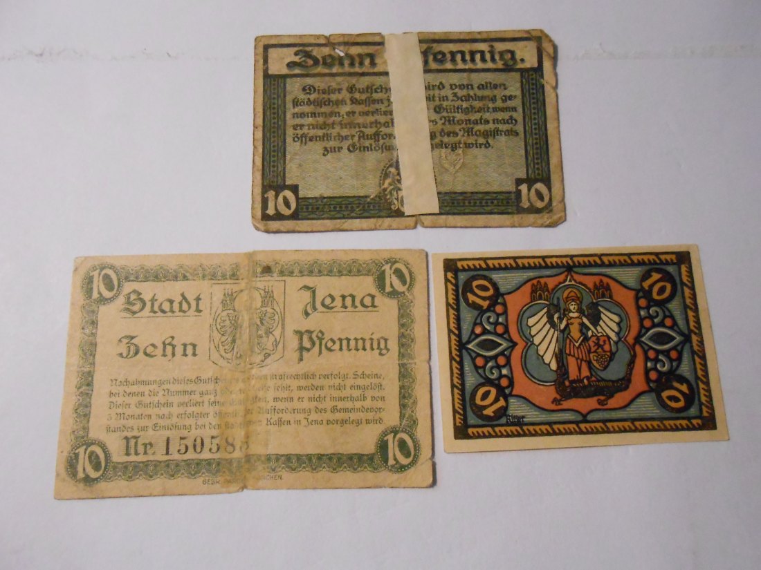  Notgeld(37) 10 Pf. Erfurt 1920 Nr.324229 und  10 Pf. Jena 1920 Nr.150588 und  10 Pf. Jena 1920   