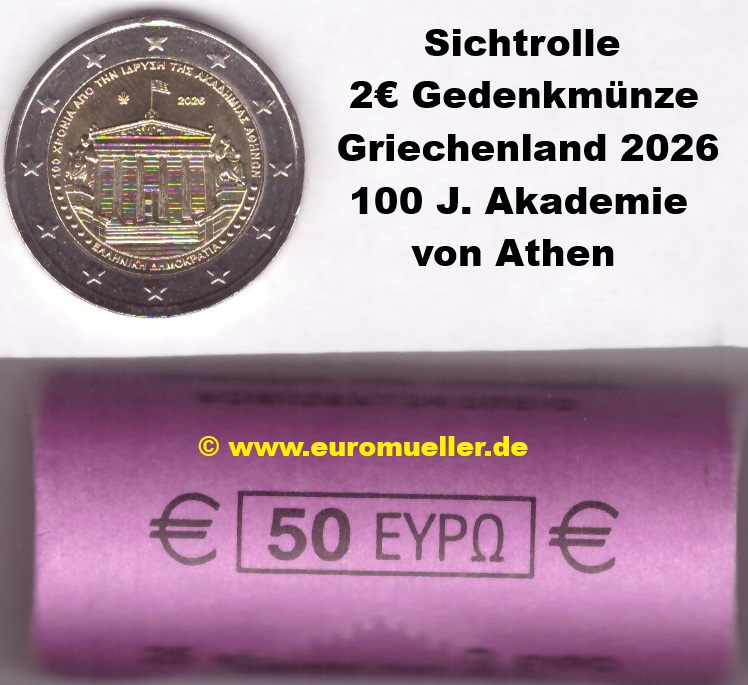Griechenland Rolle 2 Euro Gedenkmünze 2026...Akademie Athen   
