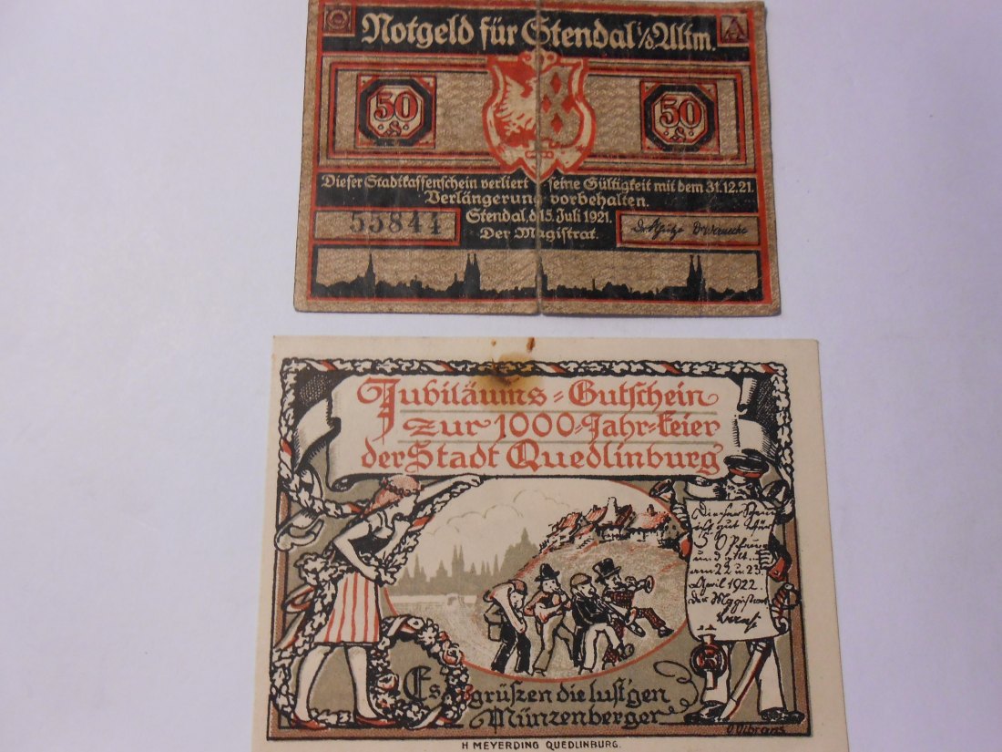  Notgeld(39) 50 Pf. Stendal i.d.Altmark 1921 und 50 Pf. Quedlinburg gültig 22./23. Apr. 1922   