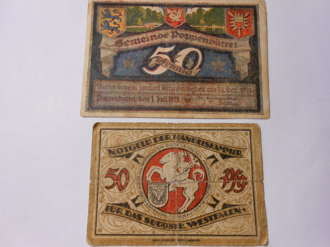 Notgeld(40) 50 Pf. Poppenbüttel 1921 und 50 Pf. der Handelskammer für das südöstliche Westfalen   