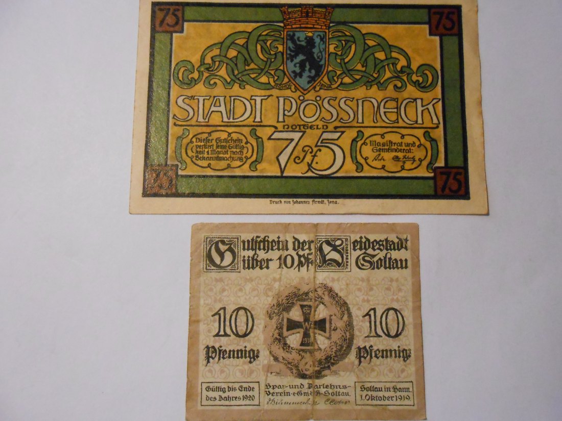  Notgeld(41) 75 Pfennig Stadt Pössneck o.J.  und  10 Pfennig  Heidestadt Soltau  1919   