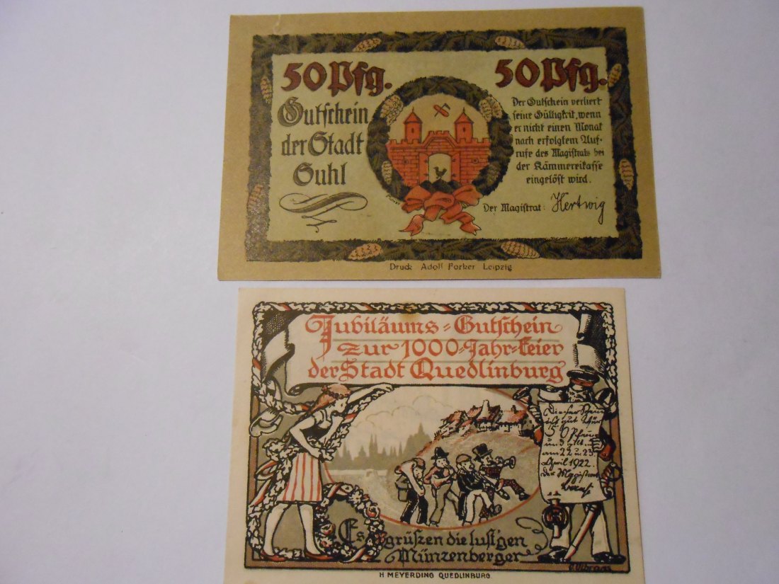  Notgeld(42) 75 Pfennig Stadt Suhl o.J. und  50 Pfennig Quedlinburg gültig am 22./23. April 1922   