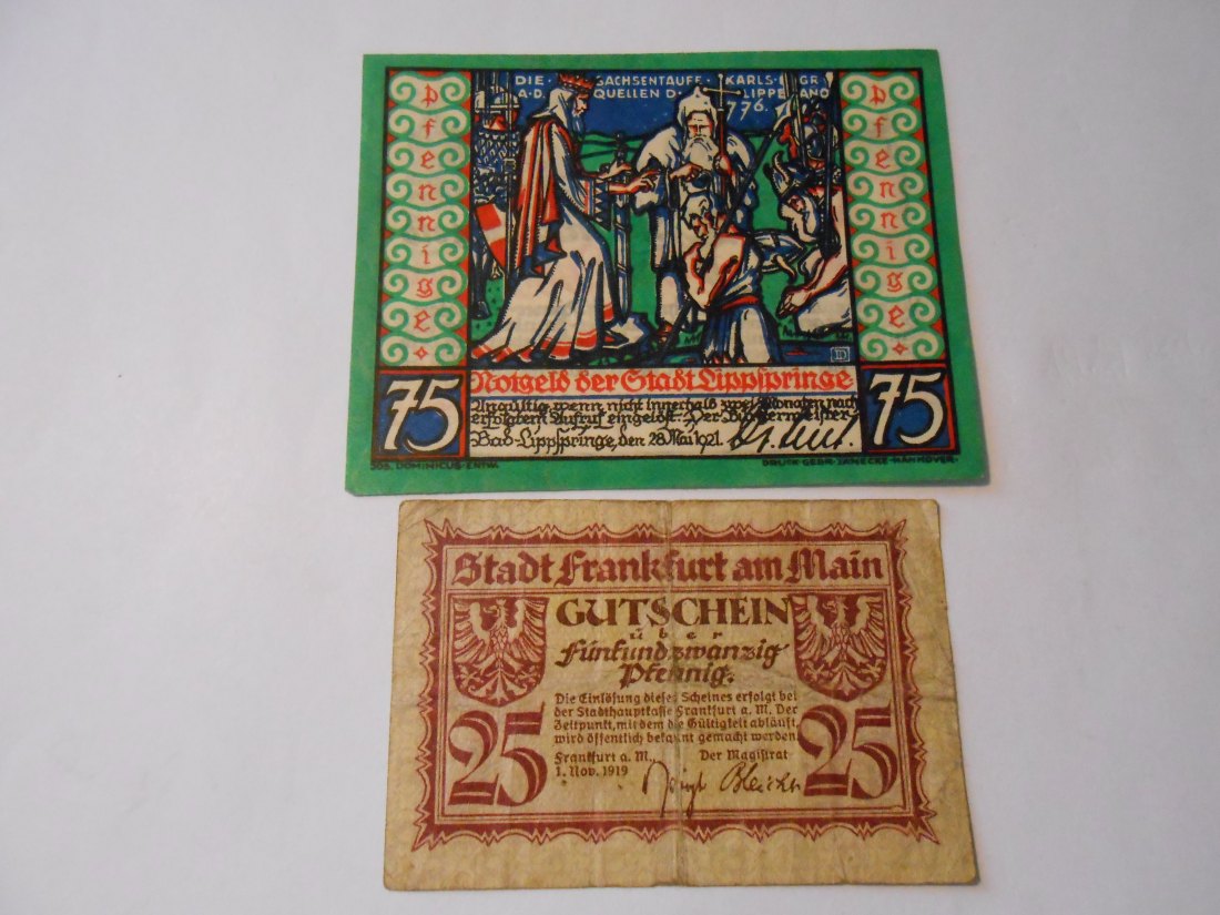  Notgeld(44) 75 Pfennig Bad Lippspringe 1921 und  25 Pfennig Stadt Frankfurt a.M. 1919   