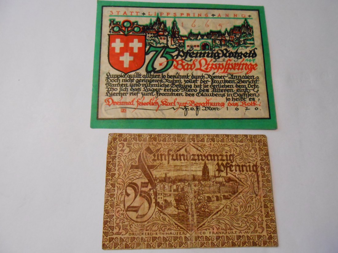  Notgeld(44) 75 Pfennig Bad Lippspringe 1921 und  25 Pfennig Stadt Frankfurt a.M. 1919   