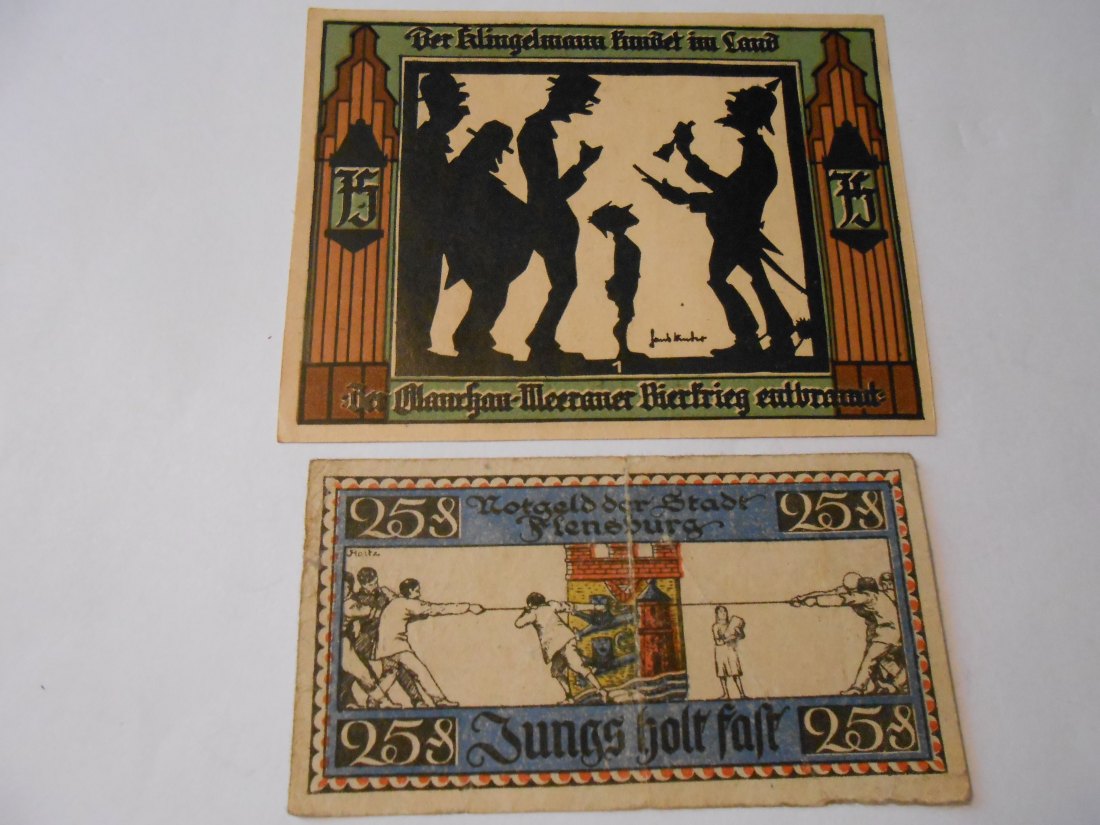  Notgeld(45) 75 Pf. Stadt Glauchau  1921 Nr.121837 und  25 Pf. Stadt Flensburg  1920 Nr.74529   