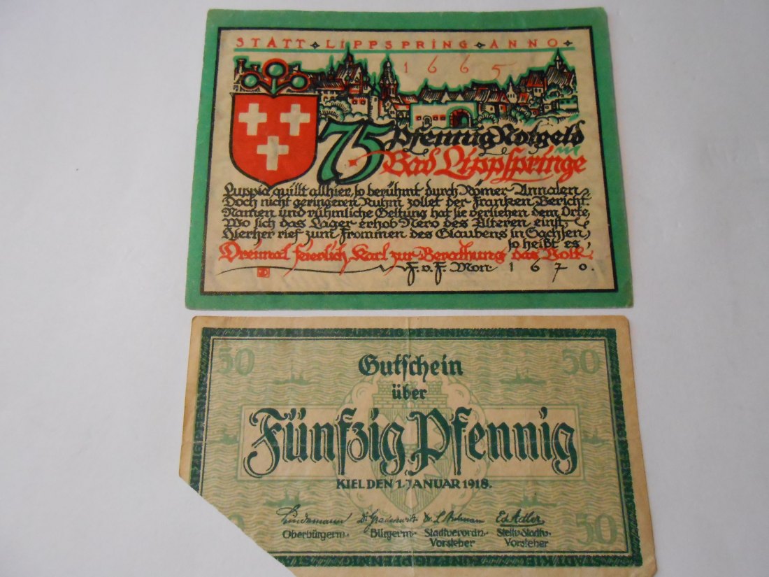  Notgeld(46) 75 Pfennig Bad Lippspringe  1921 und  Gutschein 50 Pfennig Stadt Kiel  1918   