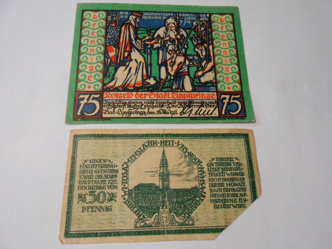  Notgeld(46) 75 Pfennig Bad Lippspringe  1921 und  Gutschein 50 Pfennig Stadt Kiel  1918   