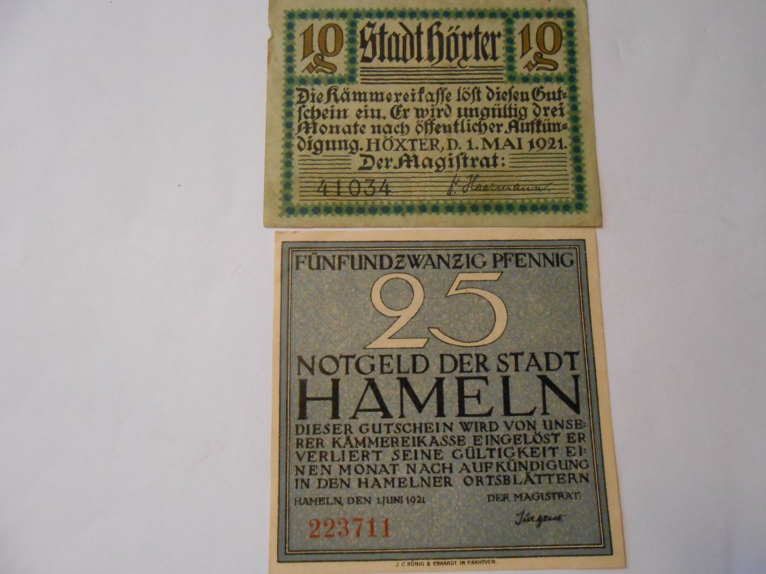  Notgeld(48) 10 Pfennig Stadt Hörter 1921 und  25 Pfennig Stadt Hameln 1921   