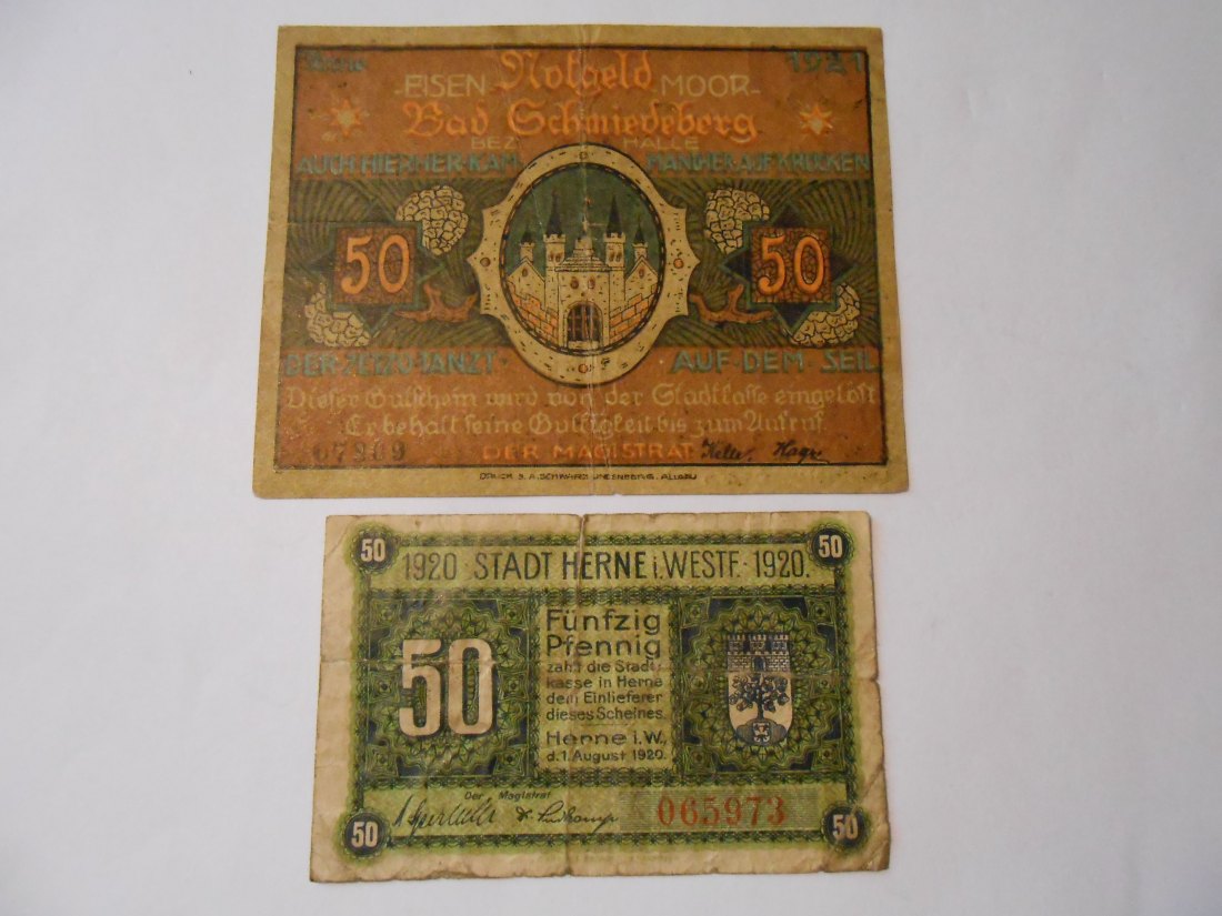 Notgeld(49) 50 Pf. Bad Schmiedeberg 1921 Nr.07809 und  50 Pf. Stadt Herne  1920 Nr.065973   