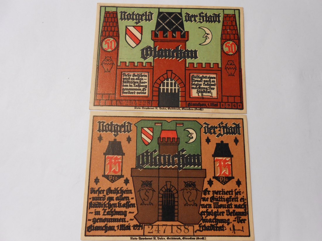  Notgeld(50)  50 Pf. Stadt Glauchau 1921 Nr.294228 und  75 Pf. Stadt Glauchau 1921 Nr.247188   