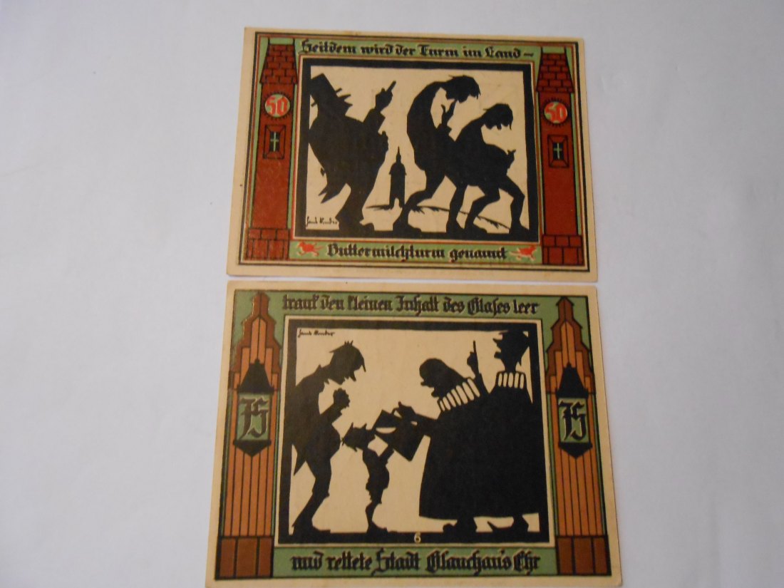  Notgeld(50)  50 Pf. Stadt Glauchau 1921 Nr.294228 und  75 Pf. Stadt Glauchau 1921 Nr.247188   