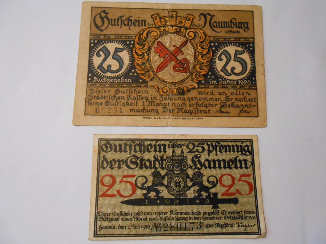  Notgeld(51) 25 Pf. Stadt Naumburg 1920 Nr.68281 und  25 Pf. Stadt Hameln 1918 Nr.280173   