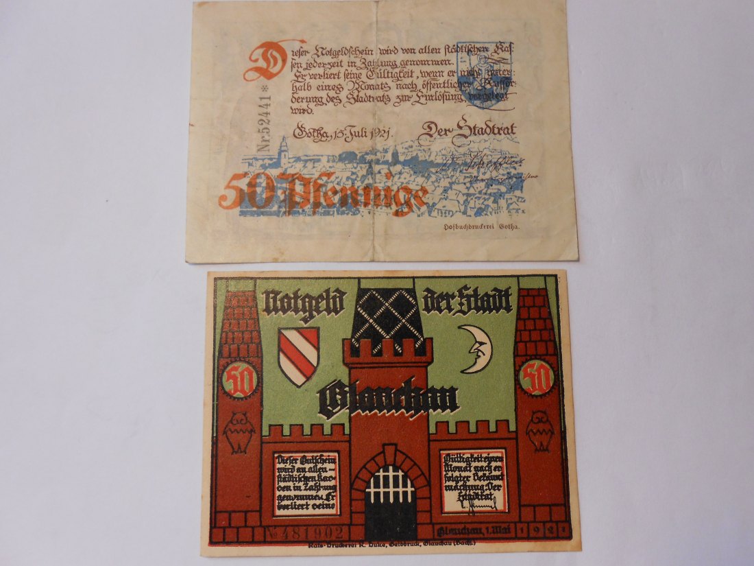  Notgeld(52)  50 Pf. Stadt Gotha 1921 Nr.52441 und  50 Pf. Stadt Glauchau  1921 Nr.481902   