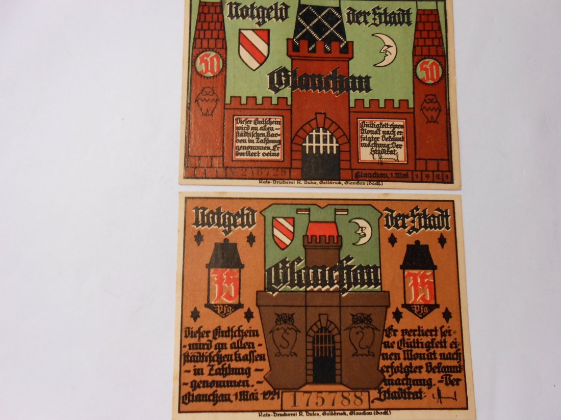  Notgeld(53)  50 Pf. Stadt Glauchau 1921 Nr.246728 und 75 Pf. Stadt Glauchau  1921 Nr.175788   