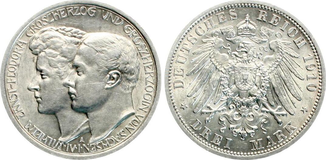  Sachsen-Weimar-Eisenach: 3 Mark 1910, Wilhelm Ernst mit Feodora, siehe unten! Top-Ehaltung   