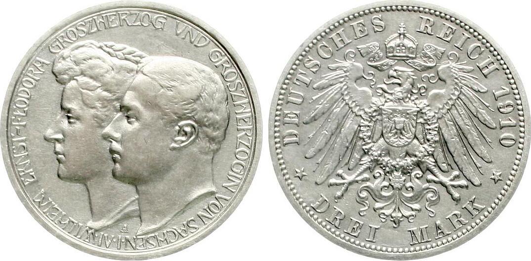  Sachsen-Weimar-Eisenach: 3 Mark 1910, Wilhelm Ernst mit Feodora, siehe unten! Top-Ehaltung   