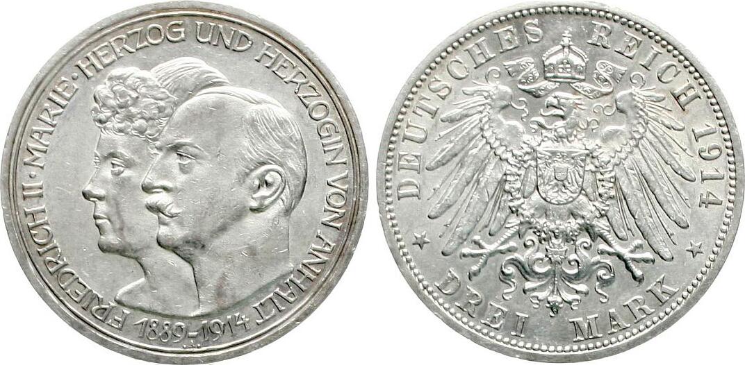  Anhalt: 3 Mark 1914 A, Friedrich II. und Marie, auf die Silberhochzeit, näheres unten! Top-Erhaltung   