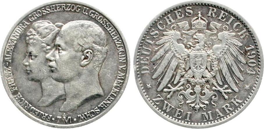  Mecklenburg-Schwerin 2 Mark 1906 J Friedrich Franz IV. und Alexandra, schöne patina, siehe unten!   