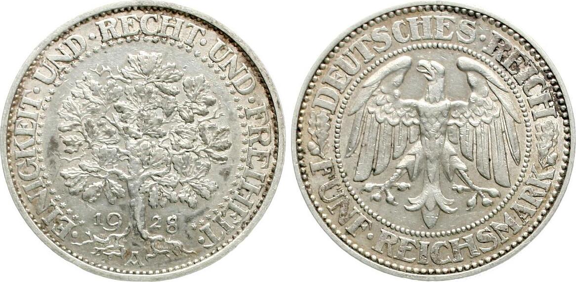  Weimarer Repuplik: 5 Mark 1928 A, Eichbaum gutes vz!   