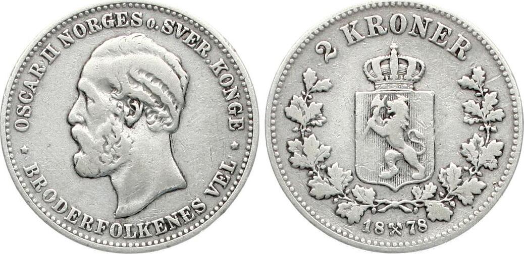  Norwegen: Oskar II., 2 Kroener 1878, Silber, siehe unten!   
