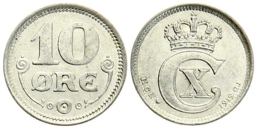  Dänemark: Christian X., 10 Øre 1919 HCN, vz., Silber, siehe unten!   