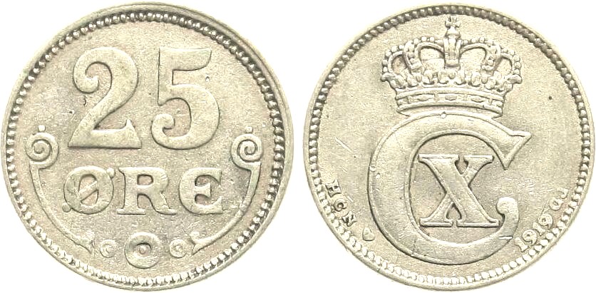  Dänemark: Christian X., 25 Øre 1919 HCN, vz., Silber, siehe unten!   