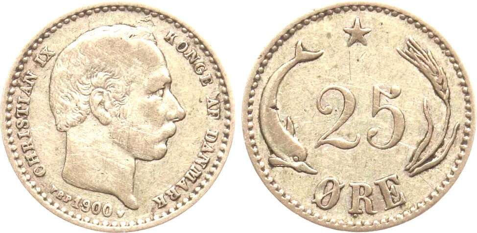  Dänemark: Chritian IX., 25 Øre 1900, Silber, siehe unten!   