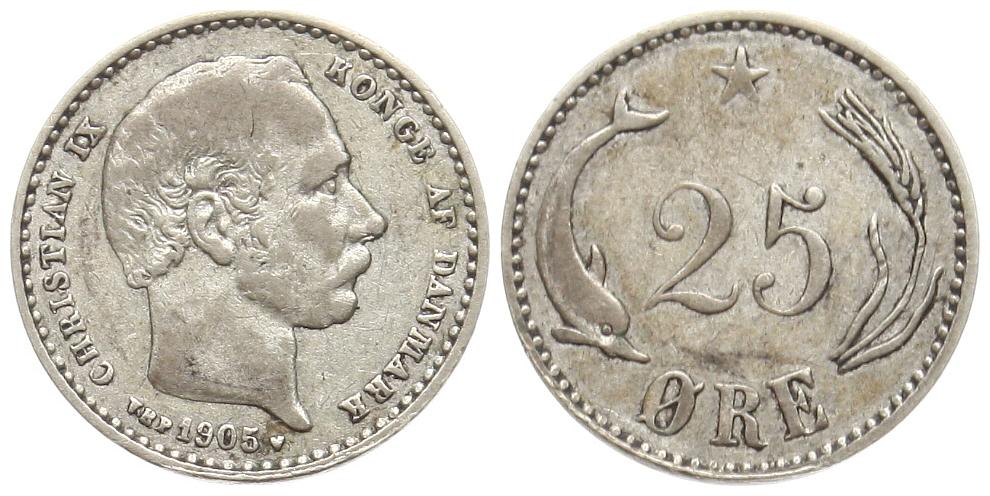  Dänemark: Chritian IX., 25 Øre 1905, Silber, siehe unten!   