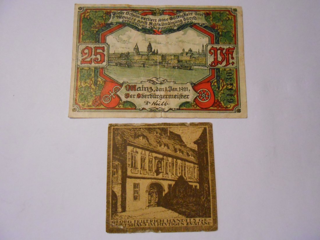  Notgeld(54) 25 Pfennig Stadt Mainz 1921 und  10 Pfennig Stadt Halle ohne Jahr   