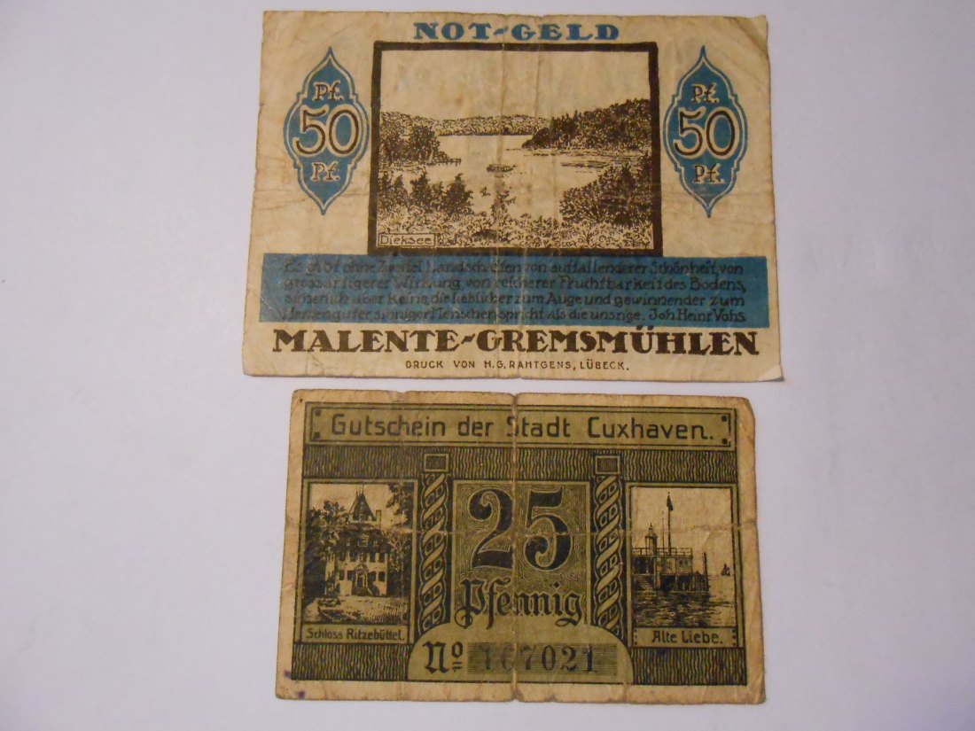  Notgeld(55) 50 Pf. Stadt Malente Gremsmühlen 1920 und  25 Pf. Stadt Cuxhaven  1919   