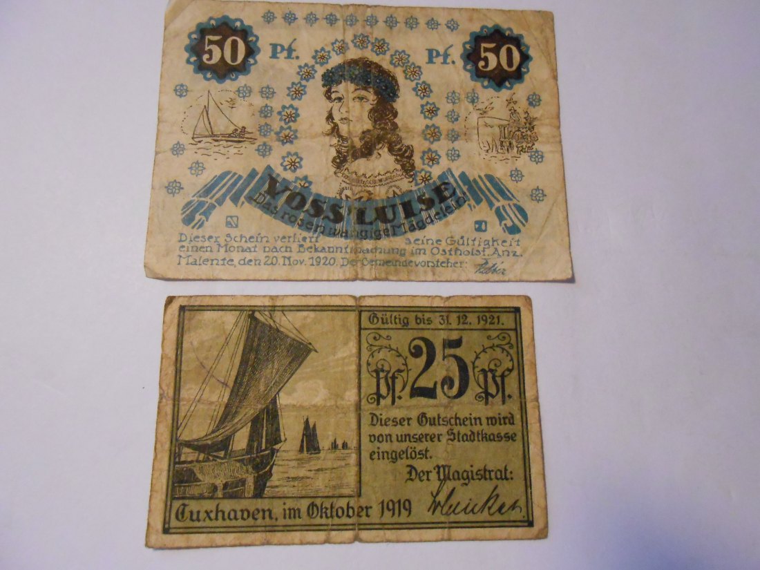  Notgeld(55) 50 Pf. Stadt Malente Gremsmühlen 1920 und  25 Pf. Stadt Cuxhaven  1919   