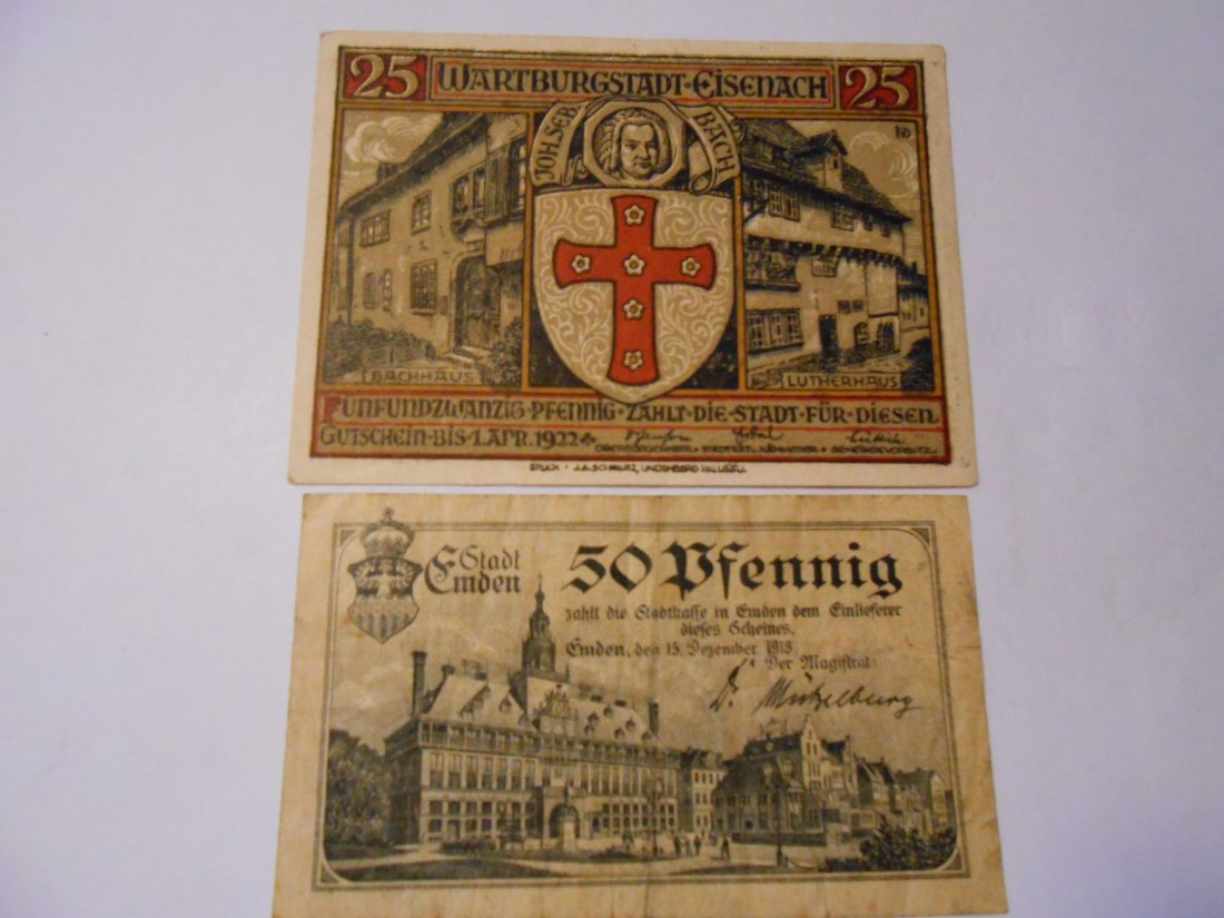  Notgeld(56) 25 Pf. Wartburgstadt Eisenach 1922 und  50 Pf. Stadt Emden 1918 Nr.134416   