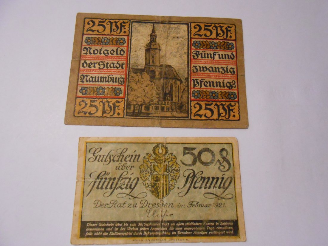  Notgeld(58) 25 Pfennig Stadt Naumburg Saale 1920 und 50 Pfennig Stadt Dresden 1921 Reihe J 97958   
