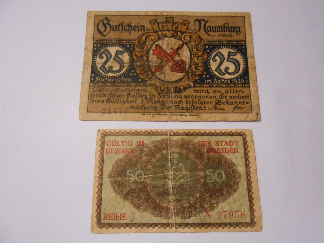  Notgeld(58) 25 Pfennig Stadt Naumburg Saale 1920 und 50 Pfennig Stadt Dresden 1921 Reihe J 97958   