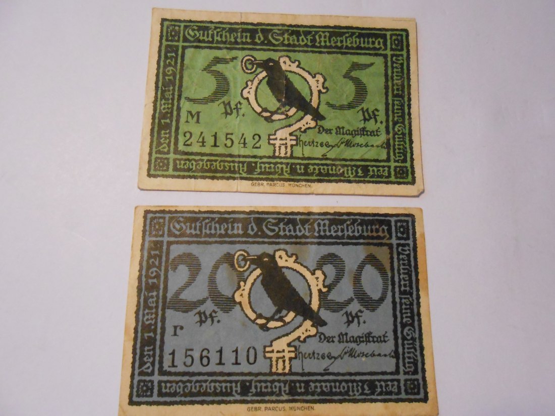  Notgeld(61)  5 Pf. Stadt Merseburg  1921 Nr. M 241542  und  20 Pf. Stadt Merseburg  1921 Nr. r 15611   